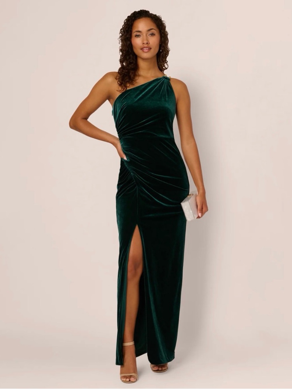 One-Shoulder Velvet Evening Gown in Deep Green